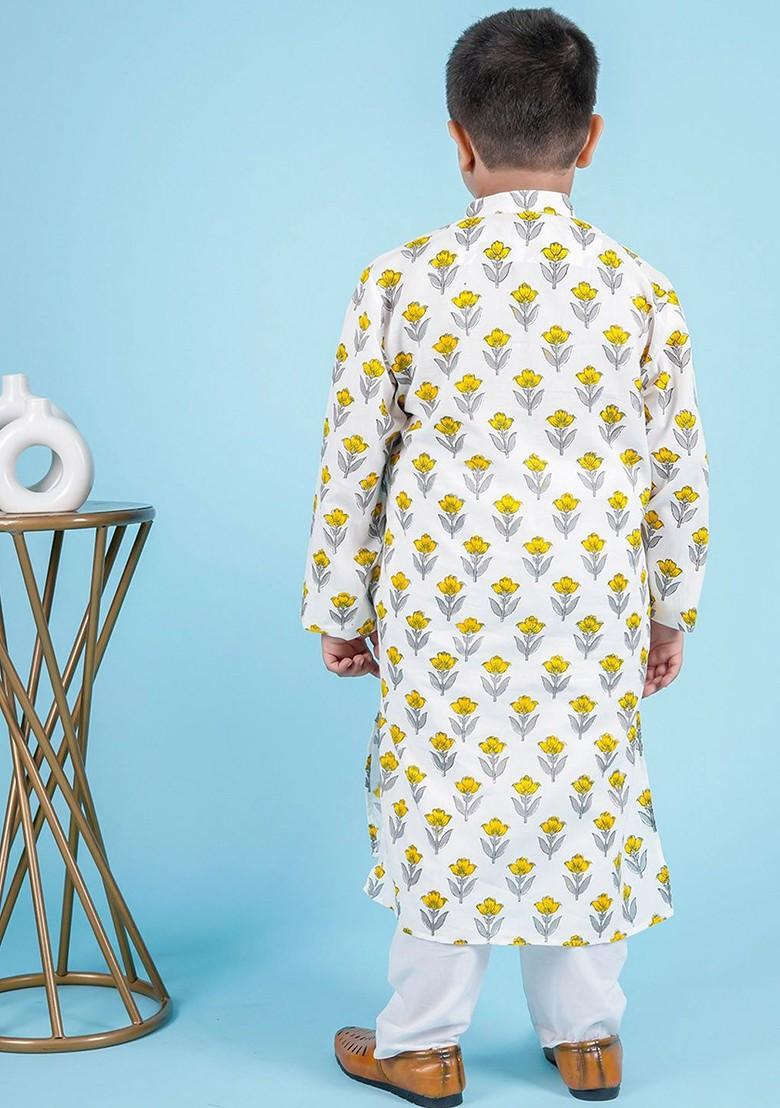 White Printed Cotton Kurta Set For Boys - Indya