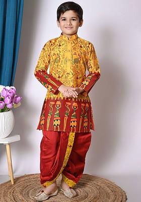 Yellow Printed Blended Kurta Dhoti Set For Boys