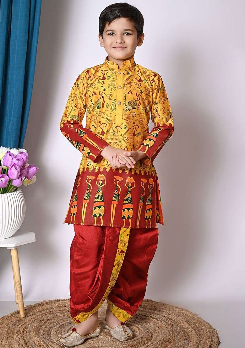Yellow Printed Blended Kurta Dhoti Set For Boys - Indya