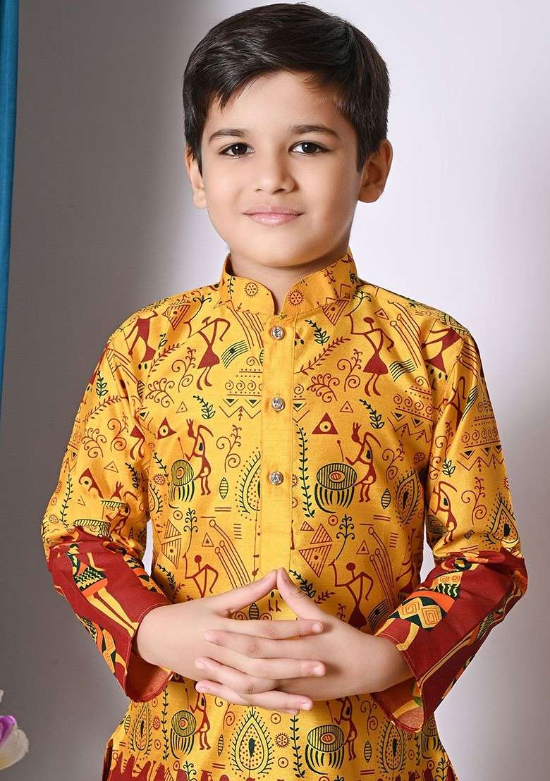 Yellow Printed Blended Kurta Dhoti Set For Boys - Indya