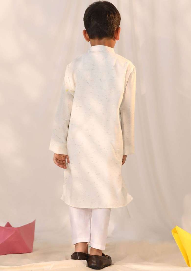 Cream Embroidered Blended Kurta Set For Boys - Indya