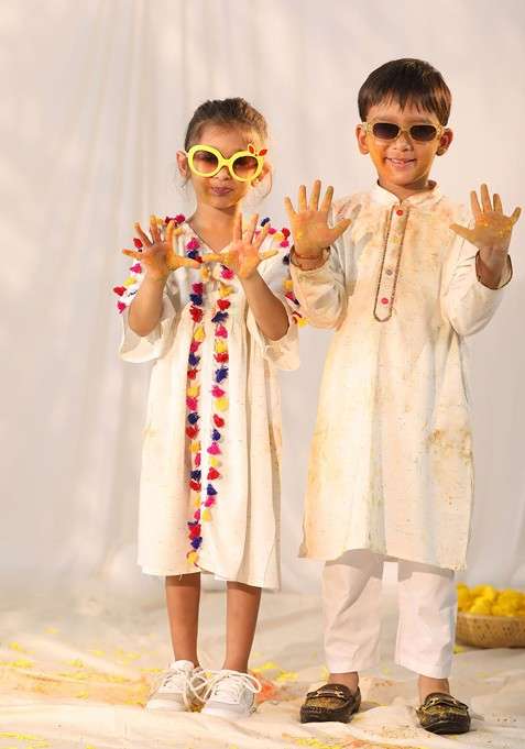 Cream Embroidered Blended Kurta Set For Boys