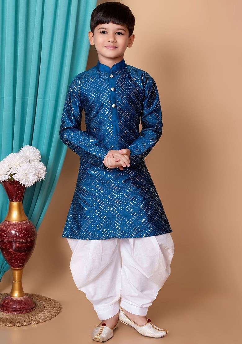 Blue Embroidered Silk Kurta Dhoti Set For Boys - Indya