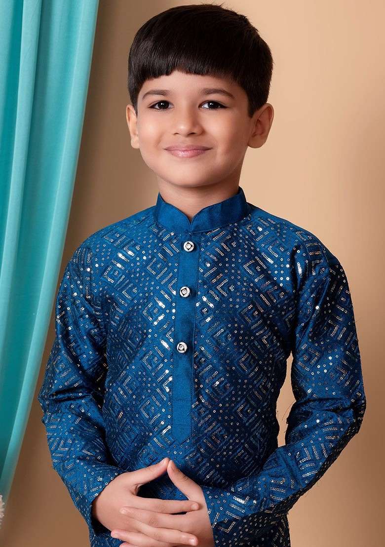 Blue Embroidered Silk Kurta Dhoti Set For Boys - Indya