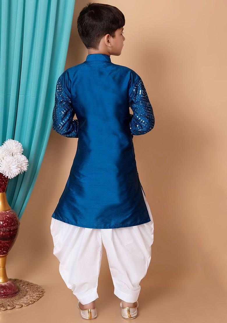 Blue Embroidered Silk Kurta Dhoti Set For Boys - Indya