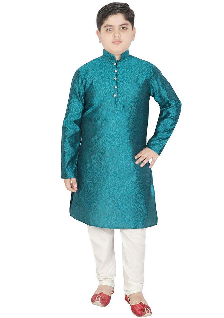 Green Embroidered Blended Kurta Set For Boys - Indya