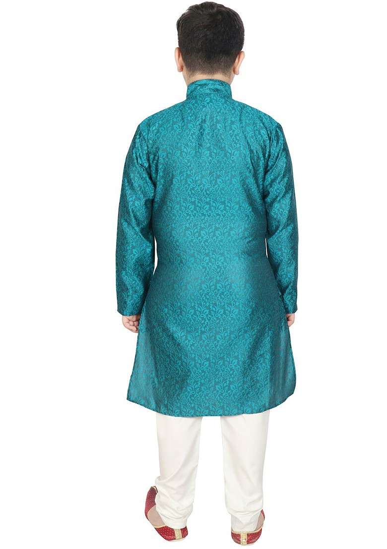 Green Embroidered Blended Kurta Set For Boys - Indya