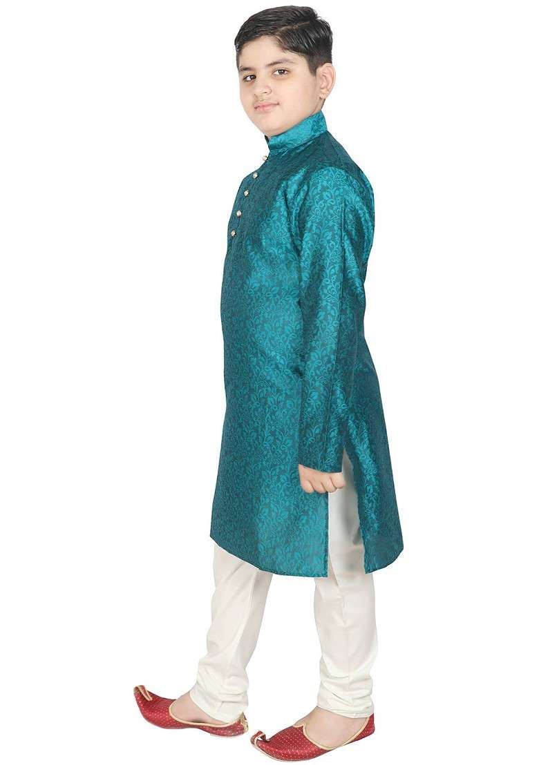 Green Embroidered Blended Kurta Set For Boys - Indya