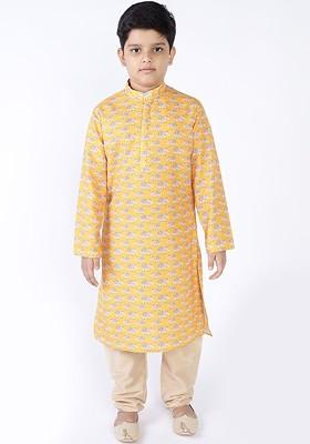 Yellow Printed Cotton Kurta Set For Boys