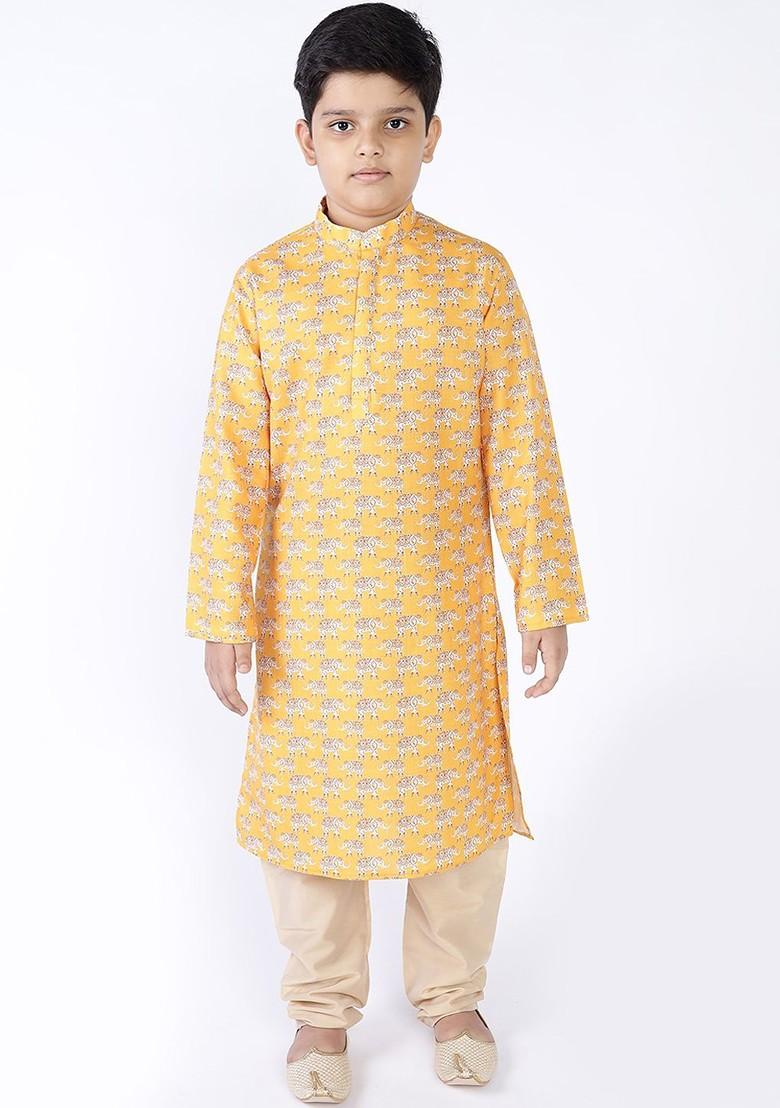 Yellow Printed Cotton Kurta Set For Boys - Indya