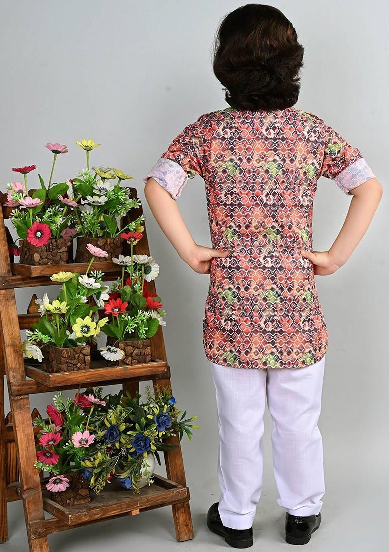 Pink Printed Blended Kurta Set For Boys - Indya