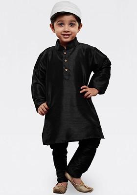 Black Embroidered Blended Kurta Set For Boys