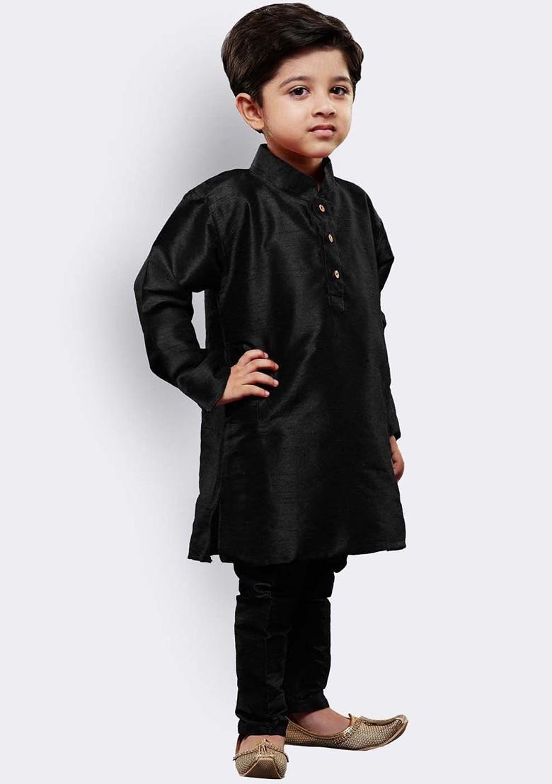 Black Embroidered Blended Kurta Set For Boys - Indya