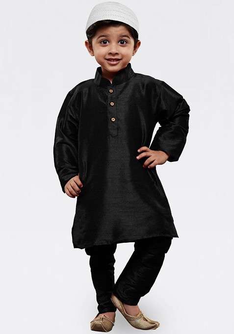 Black Embroidered Blended Kurta Set For Boys