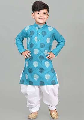 Green Printed Blended Kurta Set For Boys