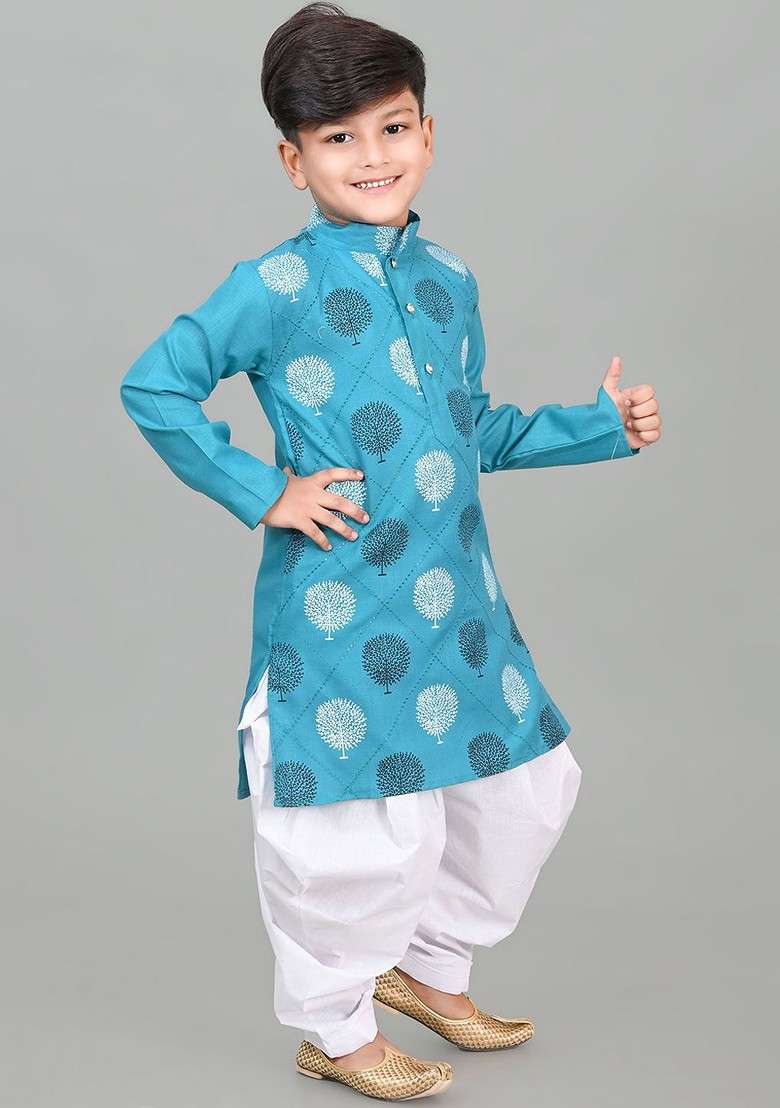 Green Printed Blended Kurta Set For Boys - Indya