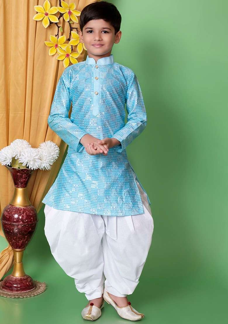 Turquoise Blue Embroidered Blended Kurta Set For Boys - Indya