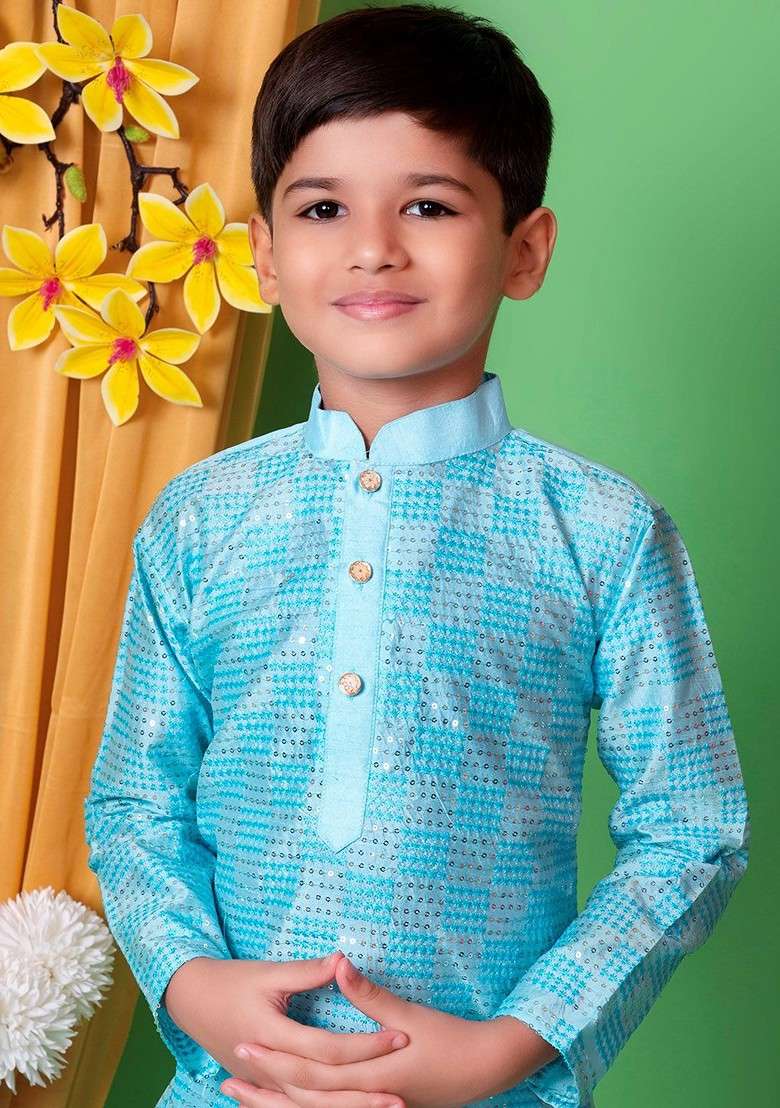 Turquoise Blue Embroidered Blended Kurta Set For Boys - Indya