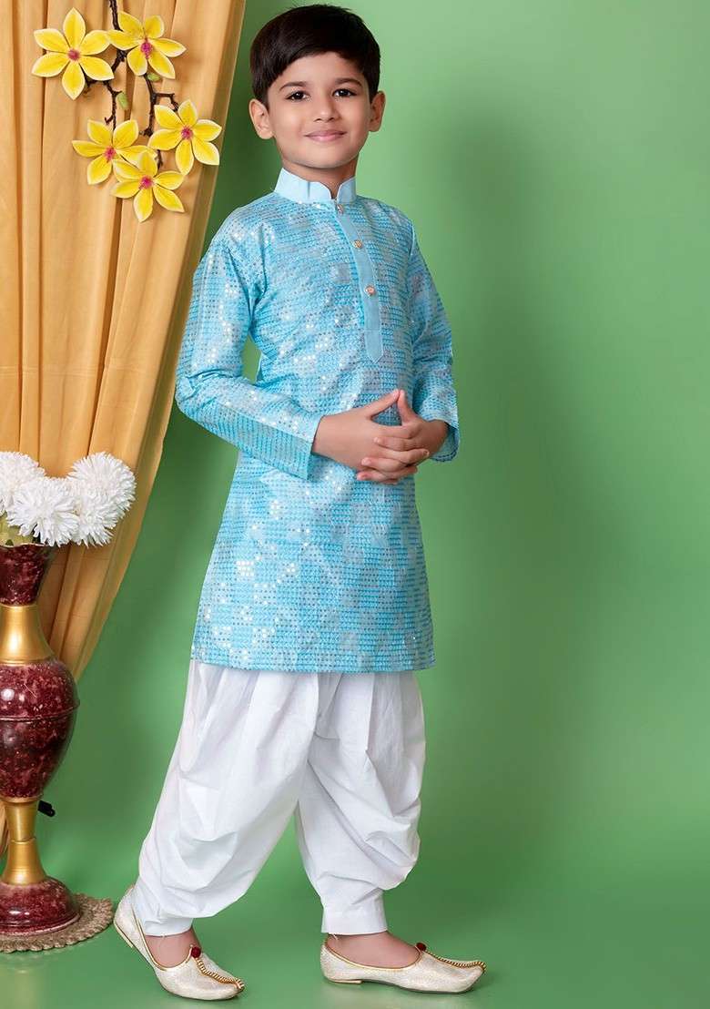 Turquoise Blue Embroidered Blended Kurta Set For Boys - Indya