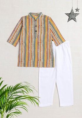 Yellow Striped Cotton Kurta Set For Boys