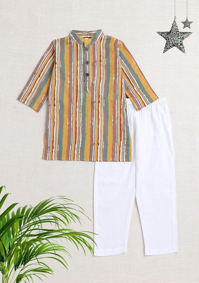 Yellow Striped Cotton Kurta Set For Boys - Indya