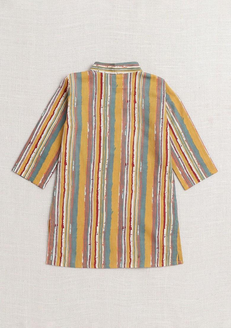 Yellow Striped Cotton Kurta Set For Boys - Indya