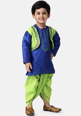 Blue Embroidered Blended Kurta Dhoti Set For Boys