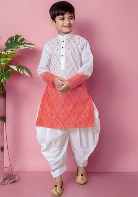 Orange Embroidered Blended Kurta Set For Boys