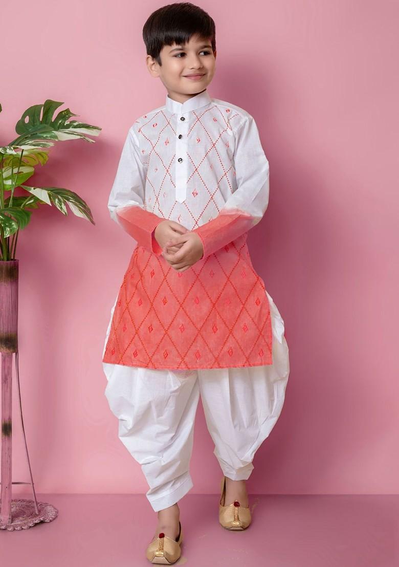 Orange Embroidered Blended Kurta Set For Boys - Indya