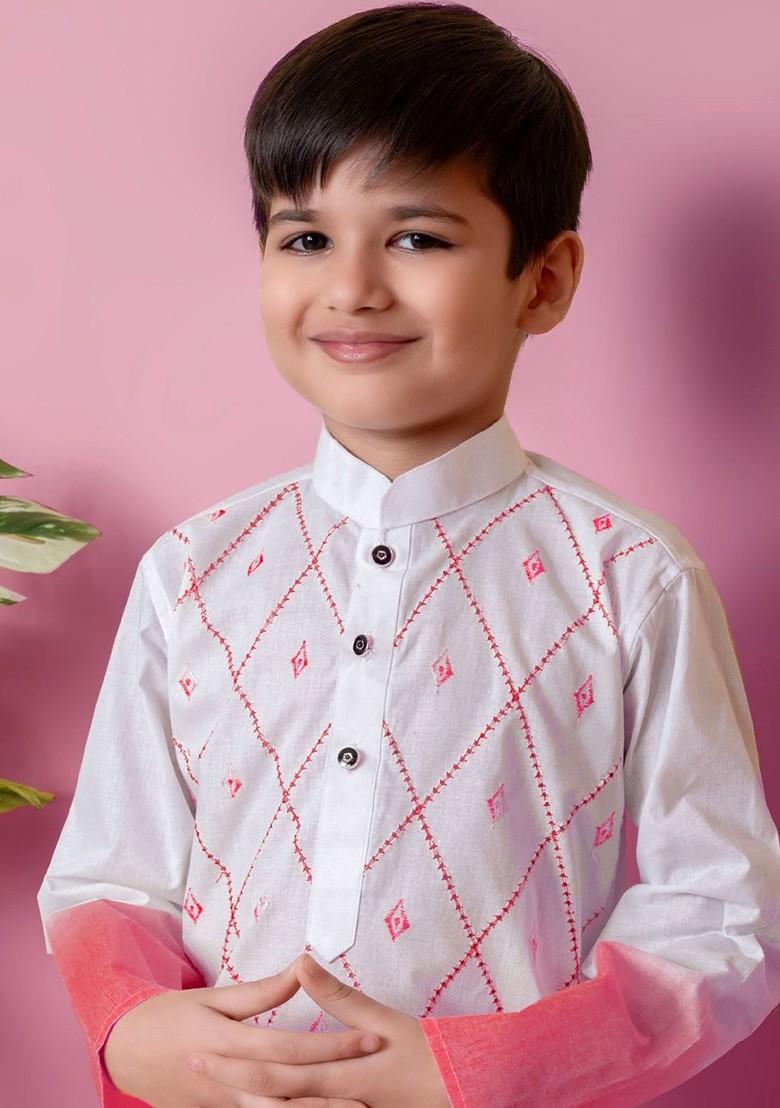 Orange Embroidered Blended Kurta Set For Boys - Indya