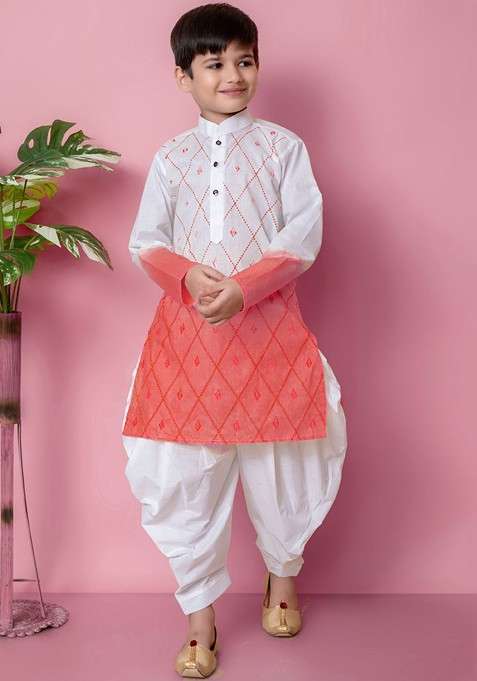 Orange Embroidered Blended Kurta Set For Boys