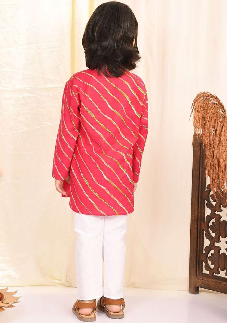 Magenta Printed Cotton Kurta Set For Boys - Indya