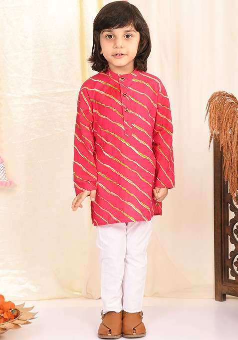 Magenta Printed Cotton Kurta Set For Boys