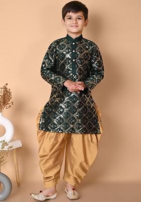 Green Embroidered Silk Kurta Set For Boys