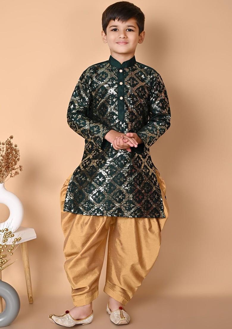 Green Embroidered Silk Kurta Set For Boys - Indya