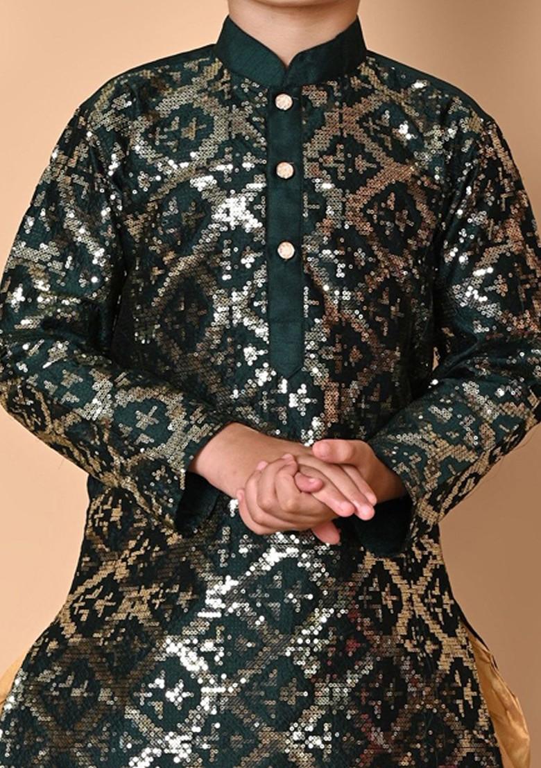 Green Embroidered Silk Kurta Set For Boys - Indya