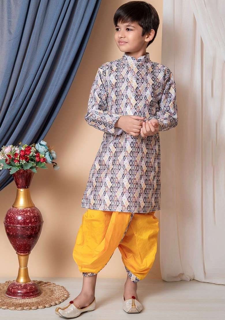 Yellow Embroidered Silk Kurta Dhoti Set For Boys - Indya