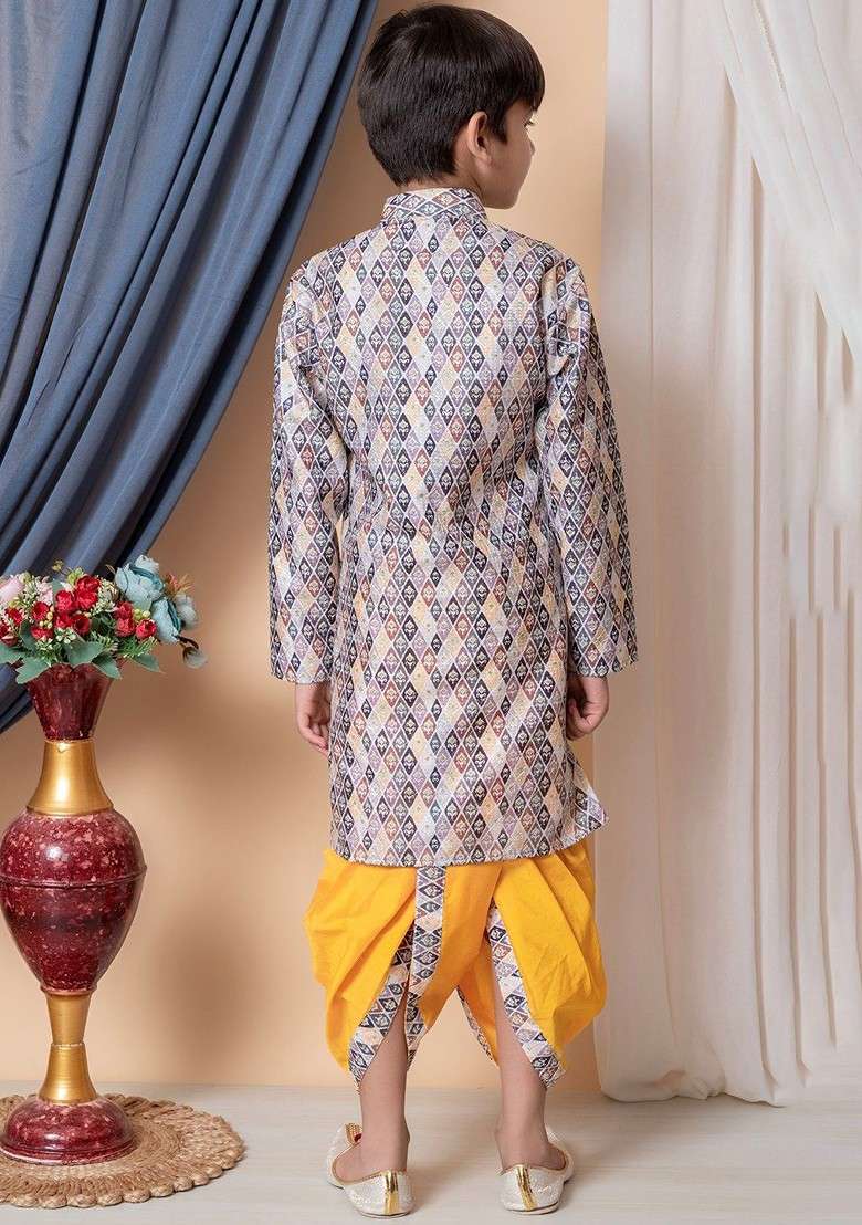 Yellow Embroidered Silk Kurta Dhoti Set For Boys - Indya