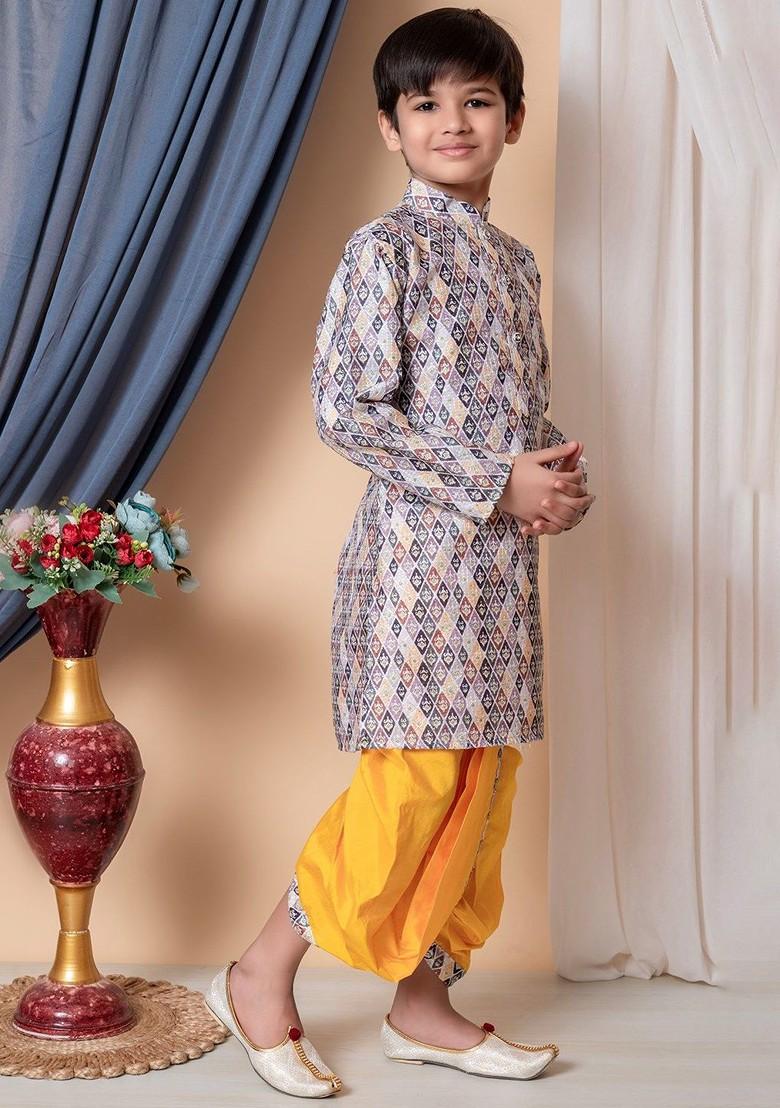 Yellow Embroidered Silk Kurta Dhoti Set For Boys - Indya