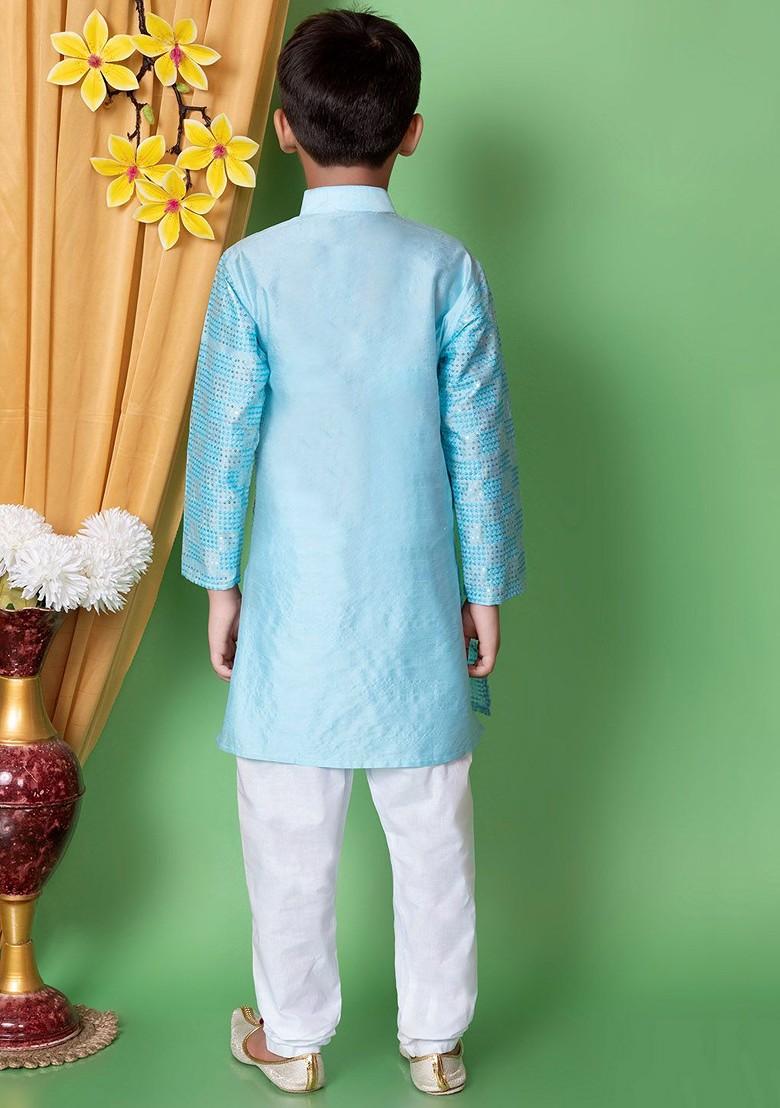 Blue Embroidered Silk Kurta Set For Boys - Indya