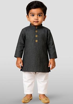 Black Embroidered Cotton Kurta Set For Boys