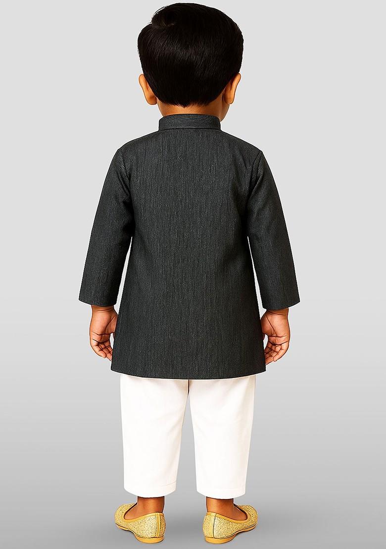 Black Embroidered Cotton Kurta Set For Boys - Indya