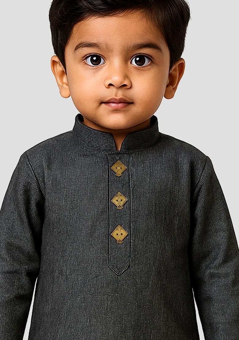 Black Embroidered Cotton Kurta Set For Boys - Indya