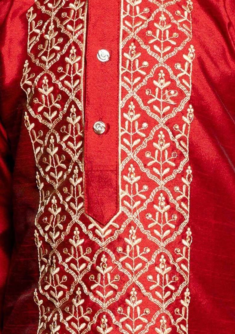 Maroon Embroidered Silk Kurta Set For Boys - Indya