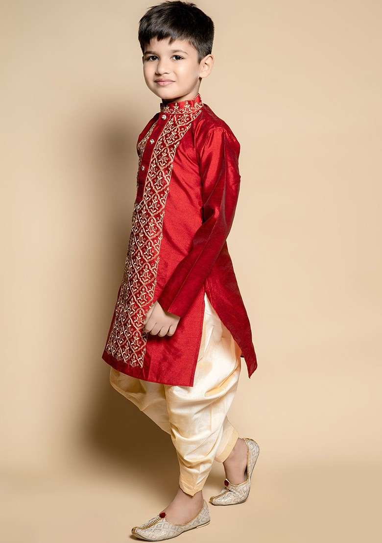 Maroon Embroidered Silk Kurta Set For Boys - Indya