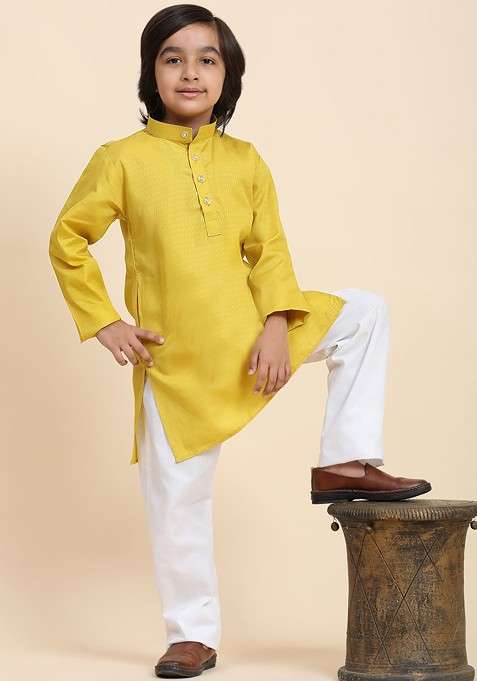 Yellow Embroidered Blended Kurta Set For Boys