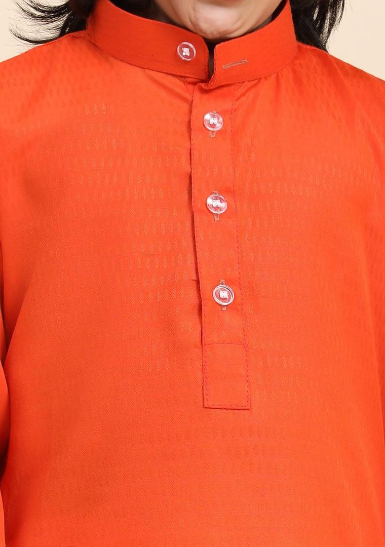 Orange Embroidered Cotton Kurta Set For Boys - Indya