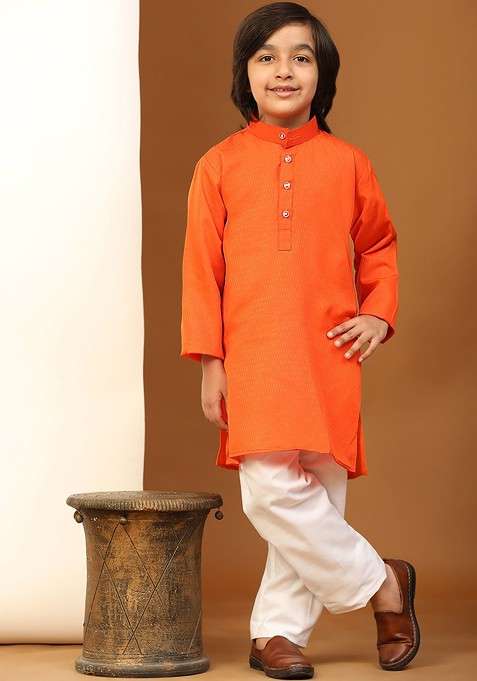 Orange Embroidered Cotton Kurta Set For Boys