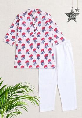 Pink Printed Cotton Kurta Set For Boys