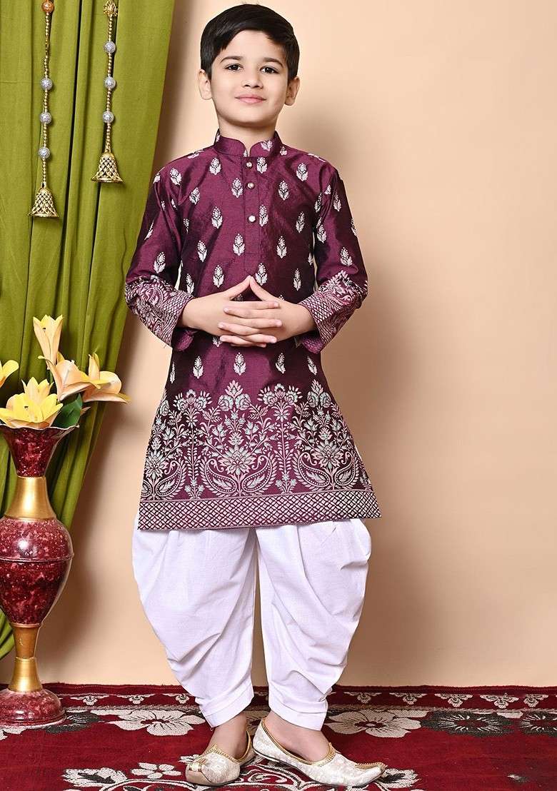Purple Printed Silk Kurta Set For Boys - Indya